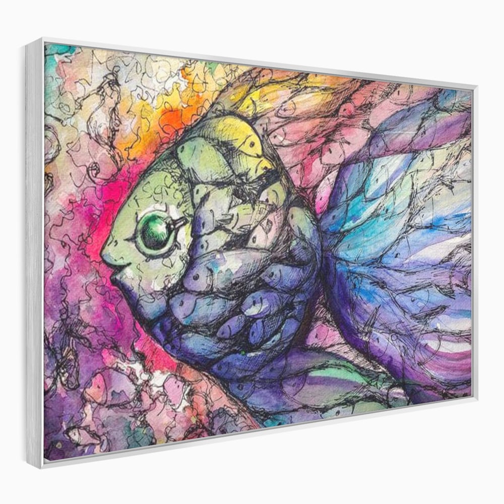 Tablou canvas cu tablou canvas cu peste mare din pesti mici, in rama de aluminiu argintiu